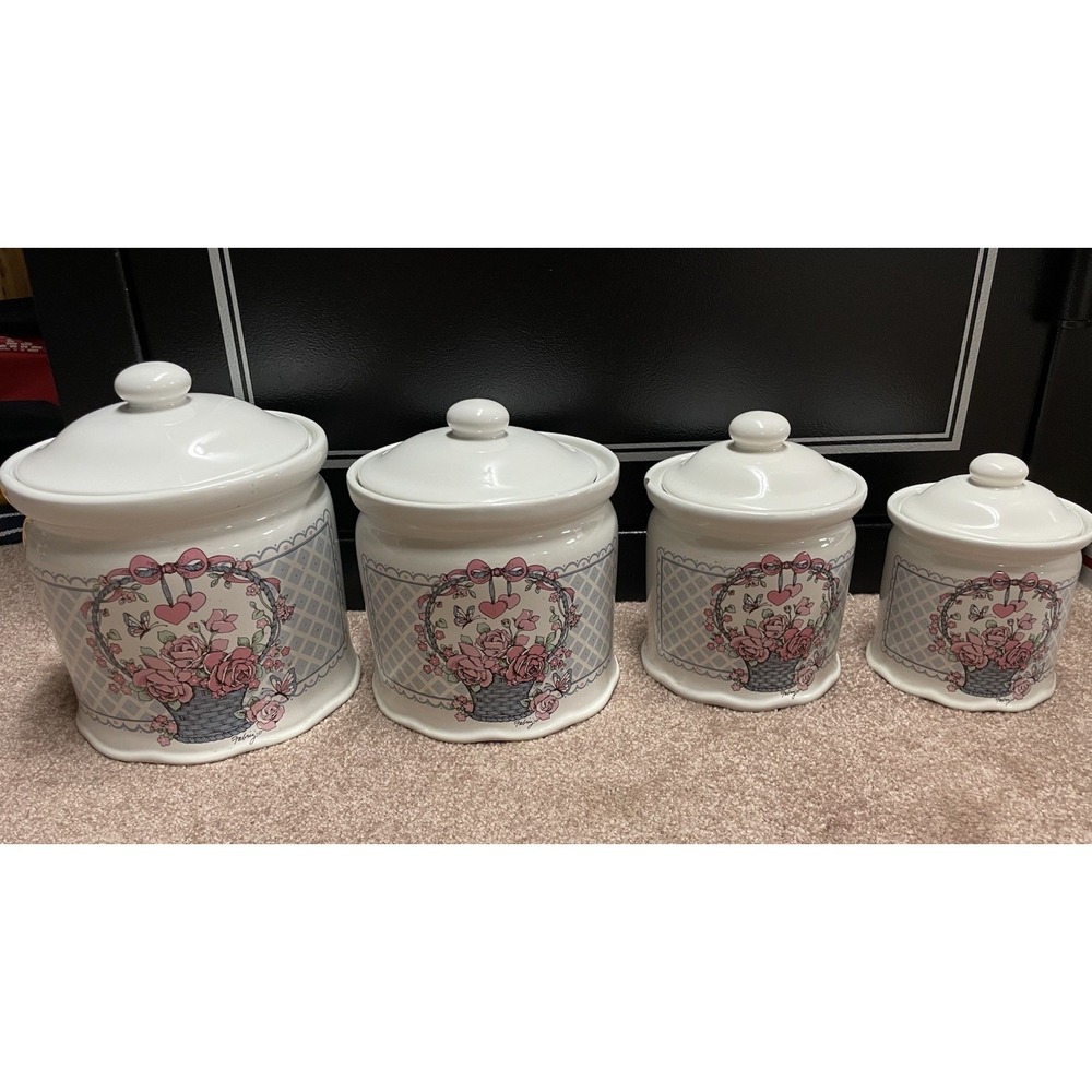 Vintage Cottagecore Hearts & Roses Canister Set Trenditions Set 4 Baskets & Lids